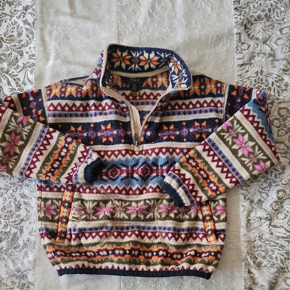 Ralph Lauren Multi-Color Patterned Fleece Quarter-Zip Pullover - Size 7